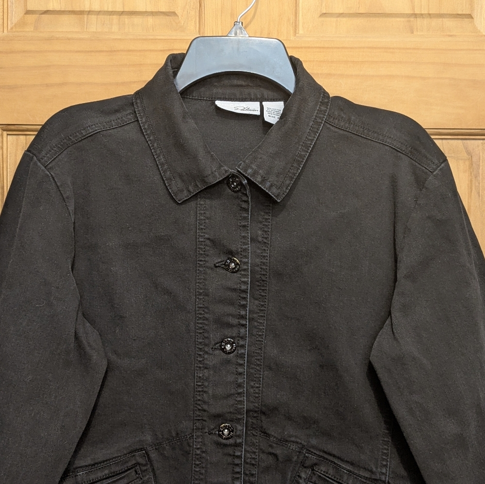 Chico’s Platinum Black Denim Jacket Women’s Sz 2 Large Fall Winter Classic Comfy - Picture 2 of 12